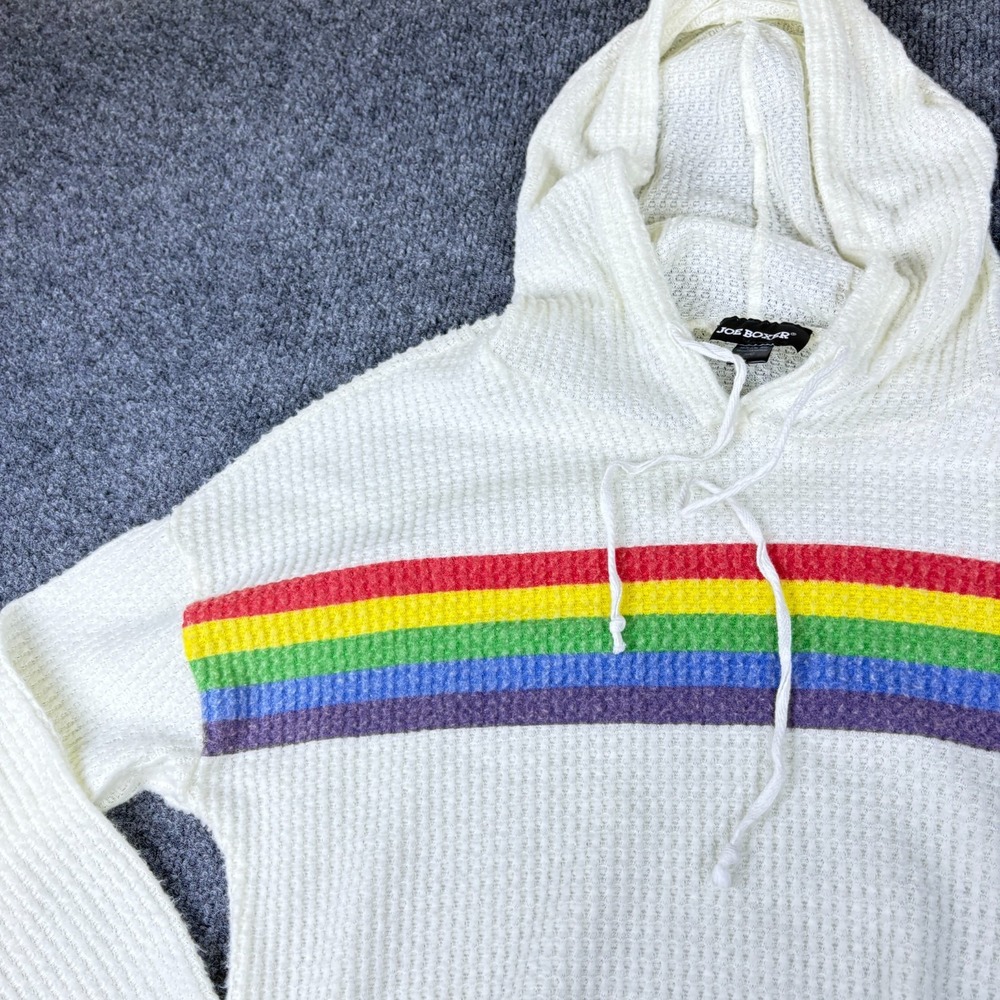 Joe Boxer Crop Hoodie Womens Small White Rainbow Striped Waffle Knit‎ Knot Front - Picture 2 of 9
